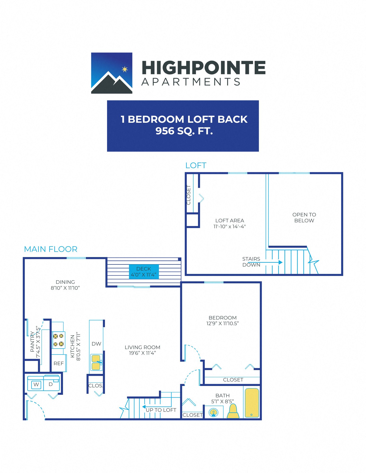 Floor plan for 1 bed, 1 bath, 956 sqft